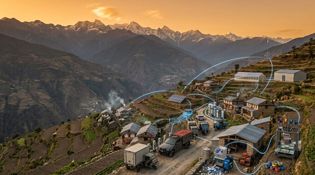 A remote Himalayan valley at sunset with a village, solar panels, a micro-hydro intake, water tanks, an EV charging point, and a mesh antenna linked by glowing blue lines.